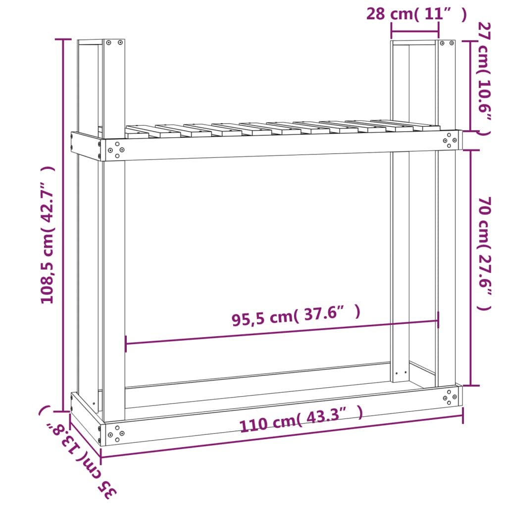 vidaXL Stojak na drewno, szary, 110x35x108,5 cm, lite drewno sosnowe
