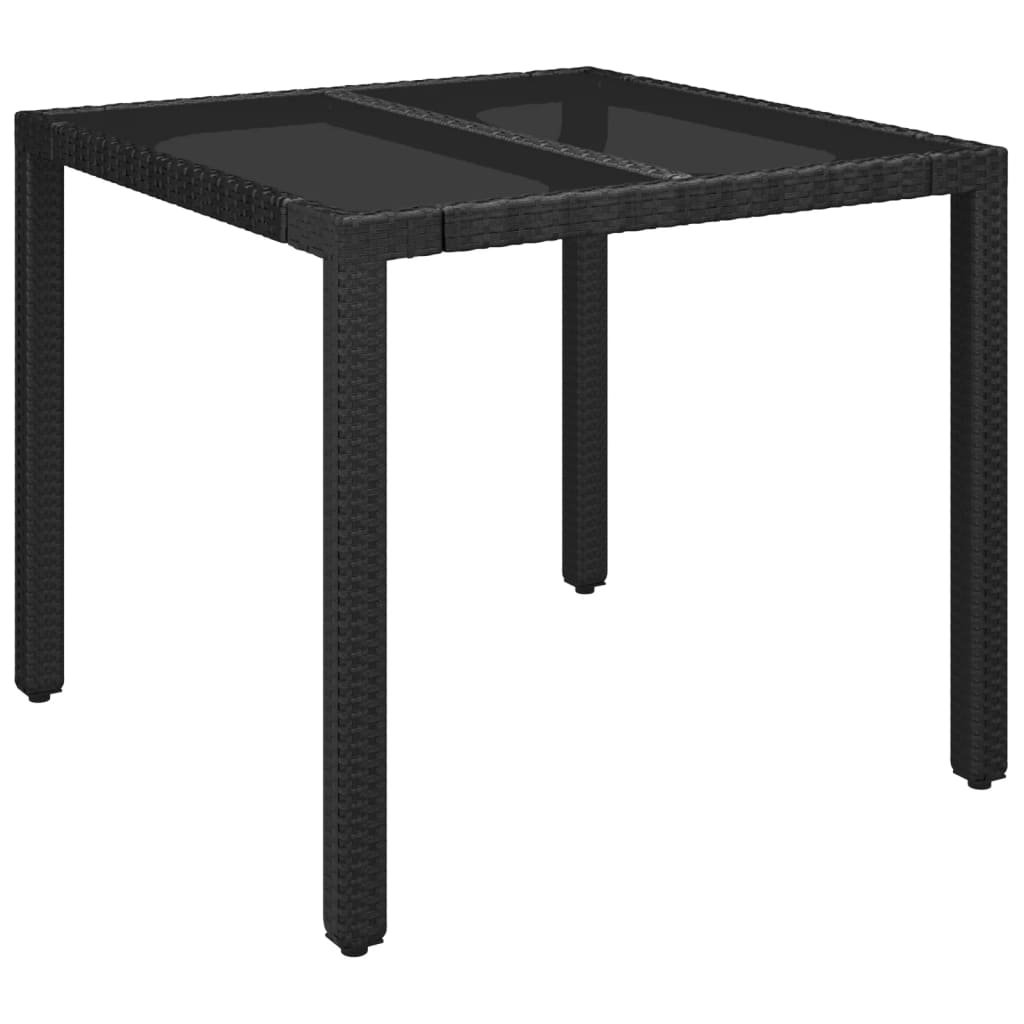 vidaXL Stół ogrodowy, szklany blat, czarny, 90x90x75 cm, rattan PE