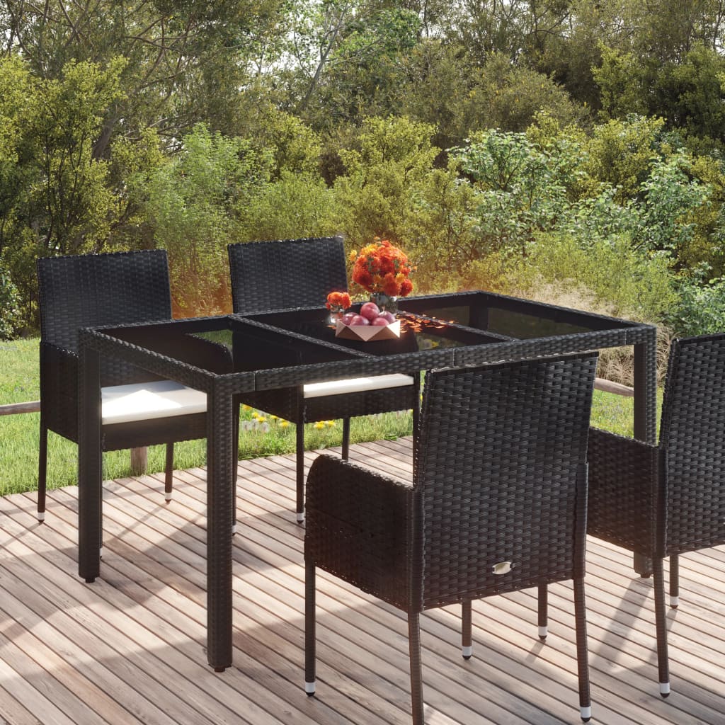 vidaXL Stół ogrodowy ze szklanym blatem, czarny, 150x90x75cm rattan PE