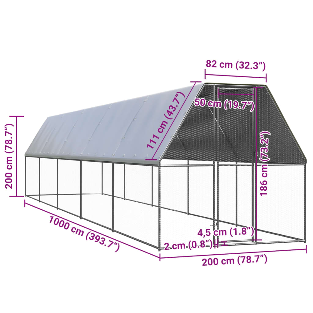 vidaXL Klatka zewnętrzna dla kurcząt, 2x10x2 m, stal galwanizowana