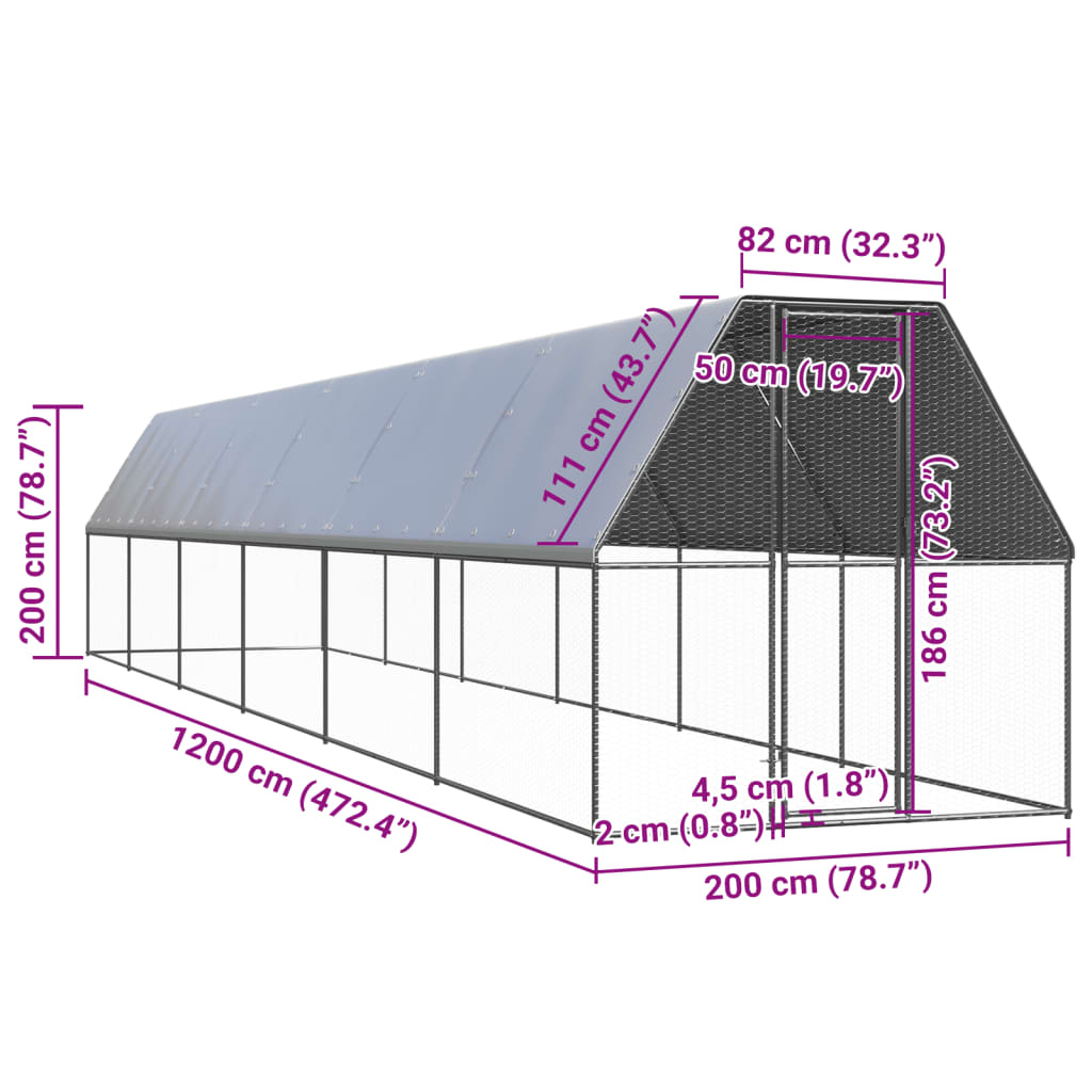 vidaXL Klatka zewnętrzna dla kurcząt, 2x12x2 m, stal galwanizowana