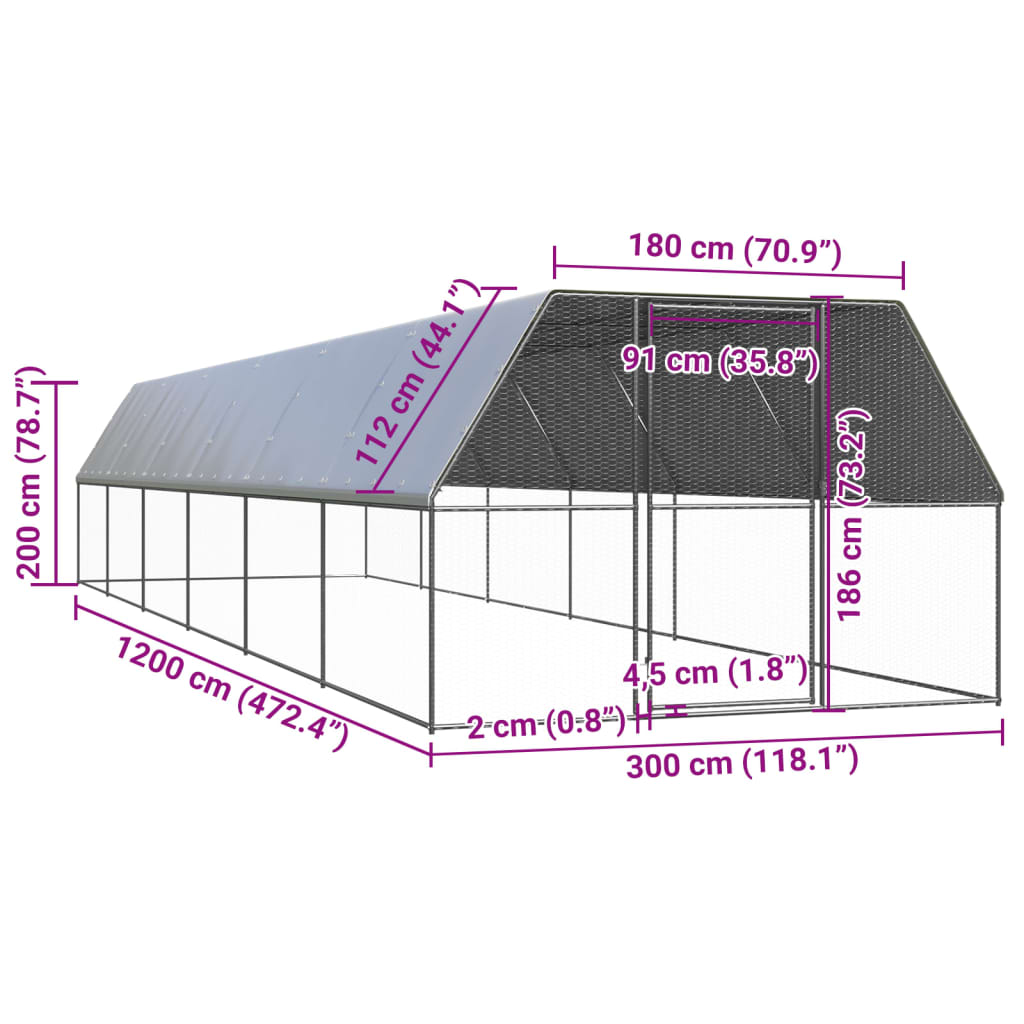 vidaXL Klatka zewnętrzna dla kurcząt, 3x12x2 m, stal galwanizowana