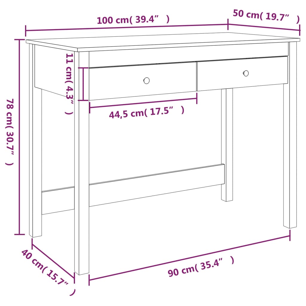 vidaXL Biurko z szufladami, 100x50x78 cm, lite drewno sosnowe