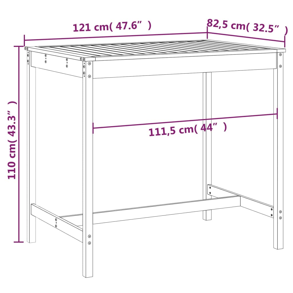 vidaXL Stolik ogrodowy, 121x82,5x110 cm, lite drewno sosnowe