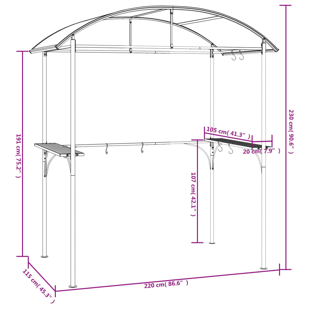 vidaXL Altana grillowa z półkami, antracytowa, 220x115x230 cm, stal