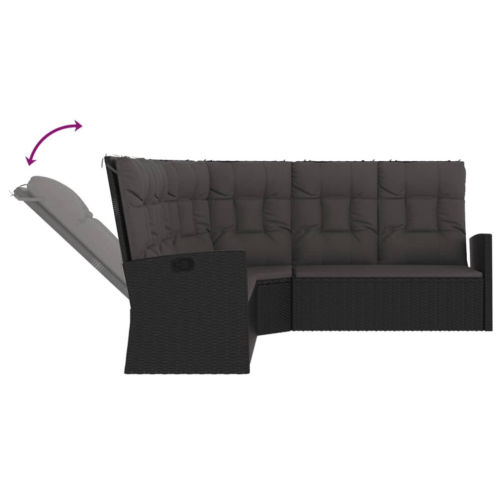 vidaXL Rozkładana sofa narożna z poduszkami, czarna, polirattan