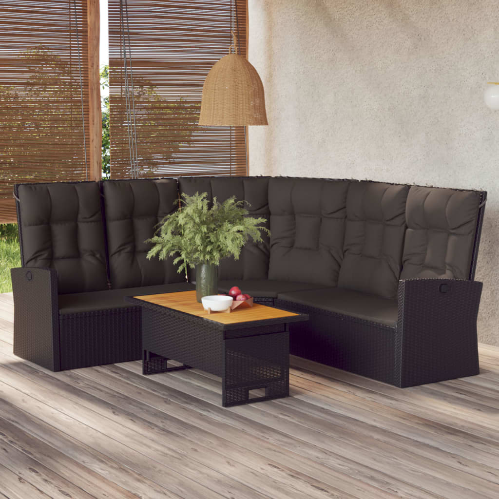 vidaXL Rozkładana sofa narożna z poduszkami, czarna, polirattan