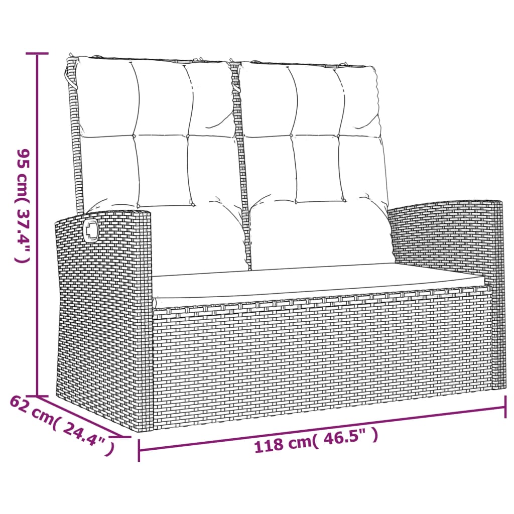 vidaXL Rozkładana ławka ogrodowa z poduszkami, szara, 118 cm
