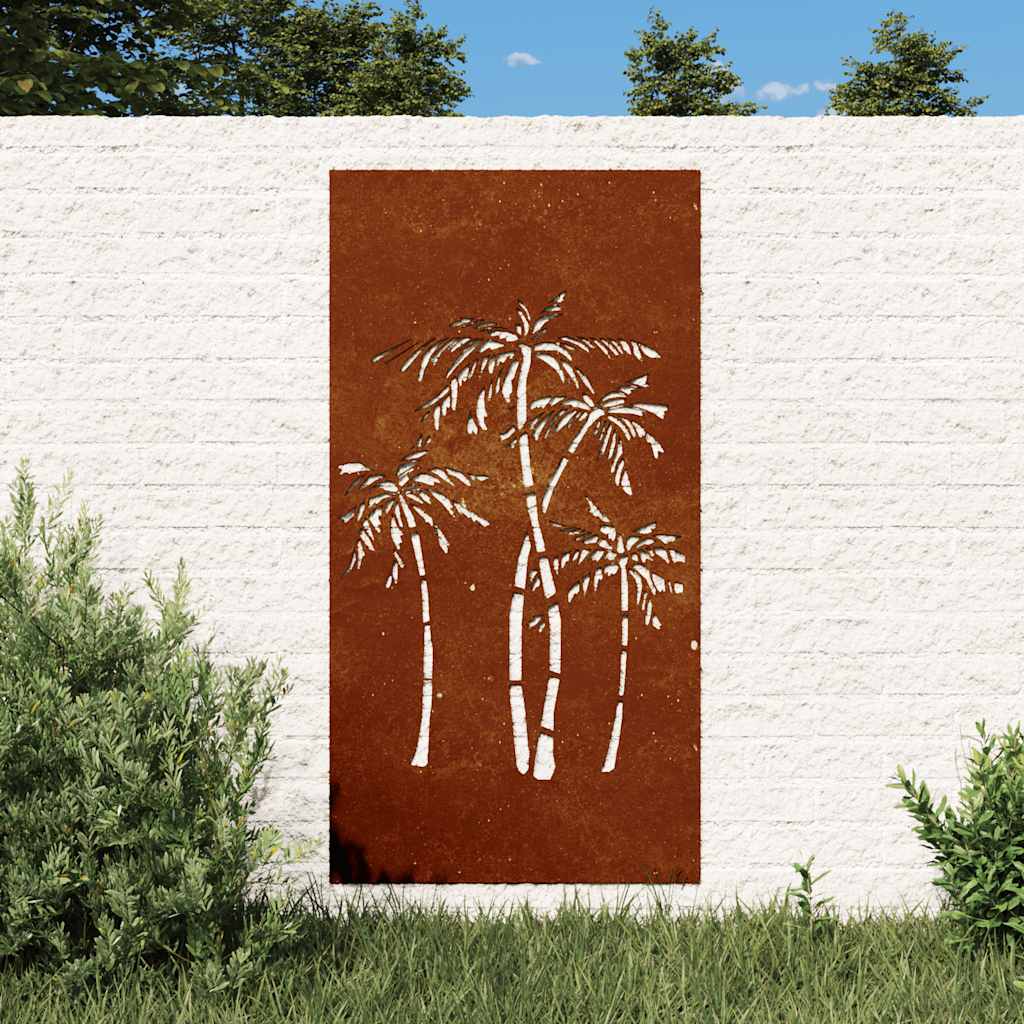 vidaXL Ogrodowa dekoracja ścienna, 105x55 cm, stal kortenowska, palmy