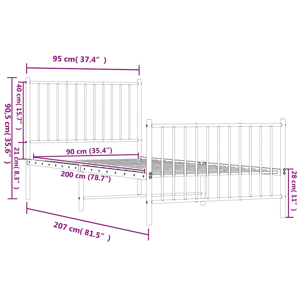 vidaXL Metalowa rama łóżka z wezgłowiem i zanóżkiem, biała, 90x200 cm