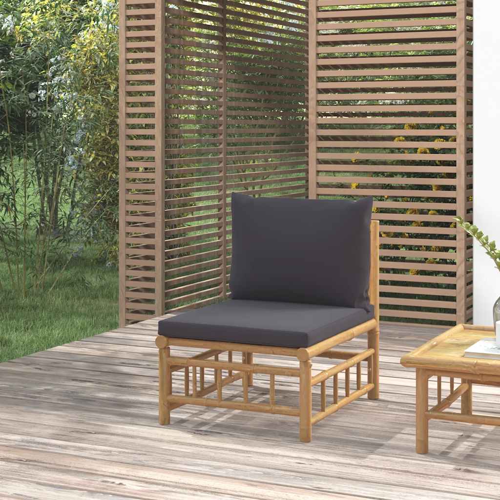 vidaXL Środkowa sofa ogrodowa z ciemnoszarymi poduszkami, bambusowa