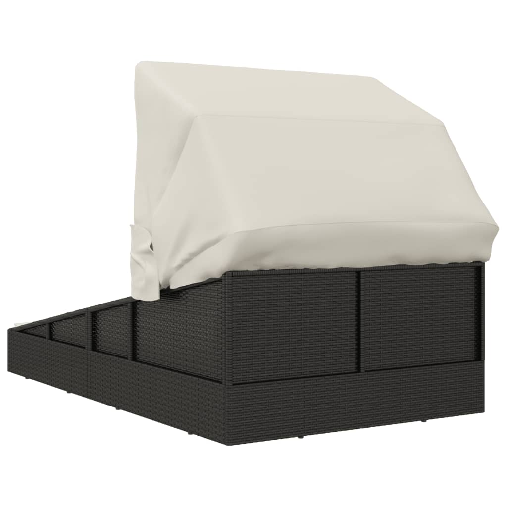 vidaXL Leżak ze składanym dachem, czarny, 200x114x128 cm, polirattan