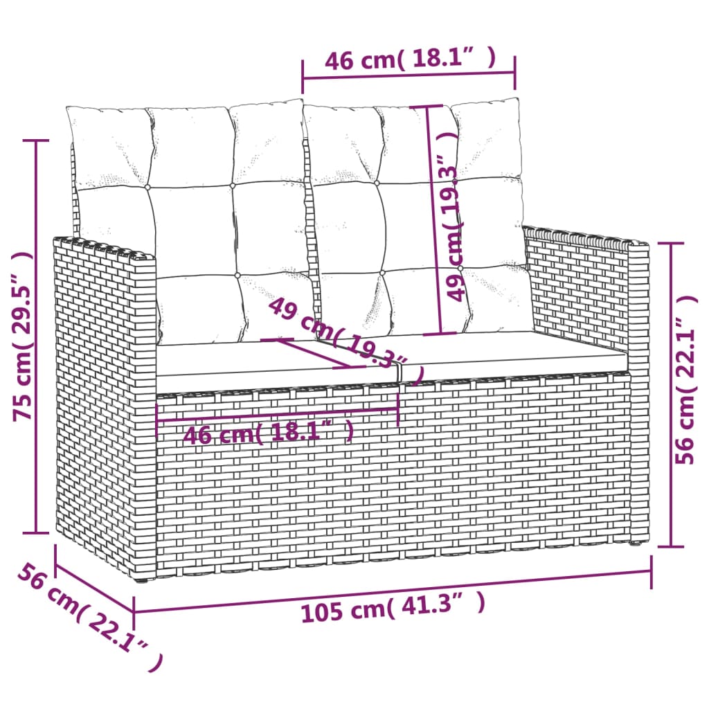 vidaXL Ławka ogrodowa z poduszkami, szara, 105 cm, polirattan