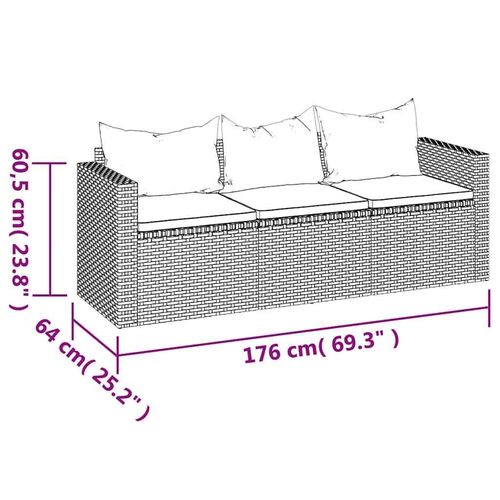 vidaXL 3-osobowa sofa ogrodowa z poduszkami, czarna, polirattan
