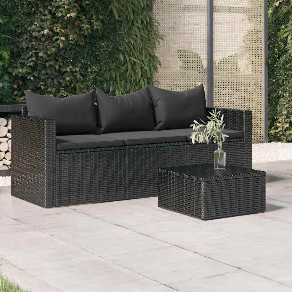 vidaXL 3-osobowa sofa ogrodowa z poduszkami, czarna, polirattan
