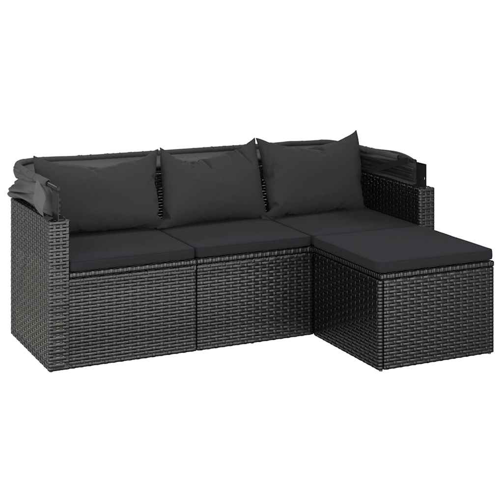 vidaXL 3-os. sofa ogrodowa z daszkiem i podnóżkiem, polirattan, czarna