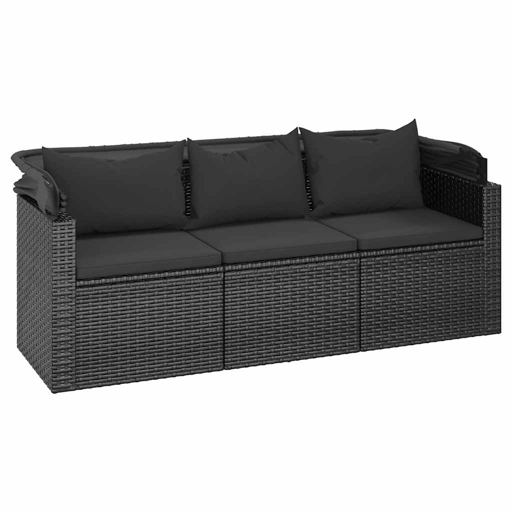 vidaXL 3-os. sofa ogrodowa z daszkiem i podnóżkiem, polirattan, czarna