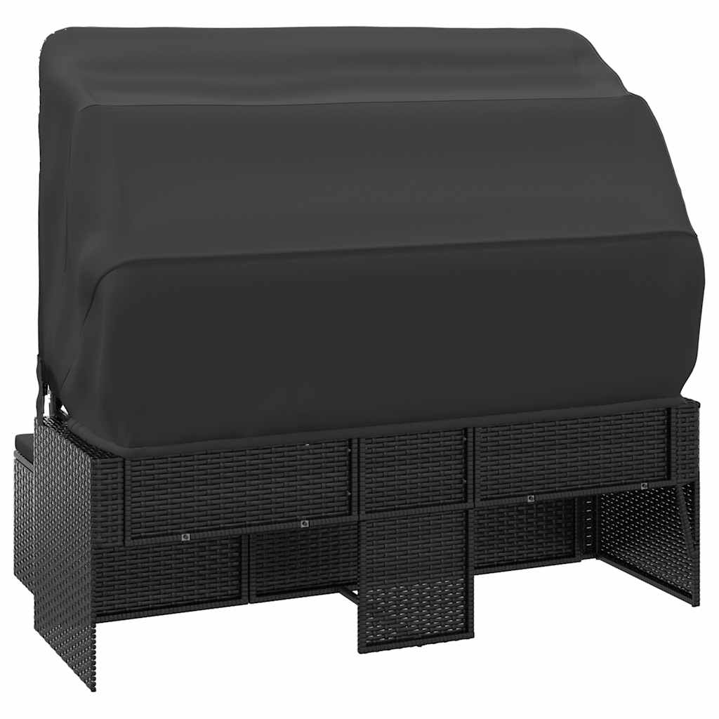 vidaXL 3-os. sofa ogrodowa z daszkiem i podnóżkiem, polirattan, czarna