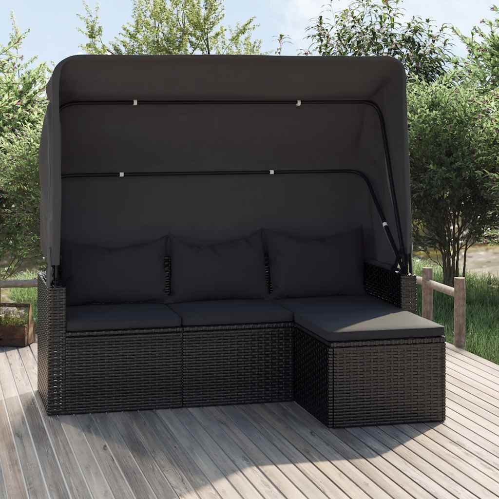 vidaXL 3-os. sofa ogrodowa z daszkiem i podnóżkiem, polirattan, czarna