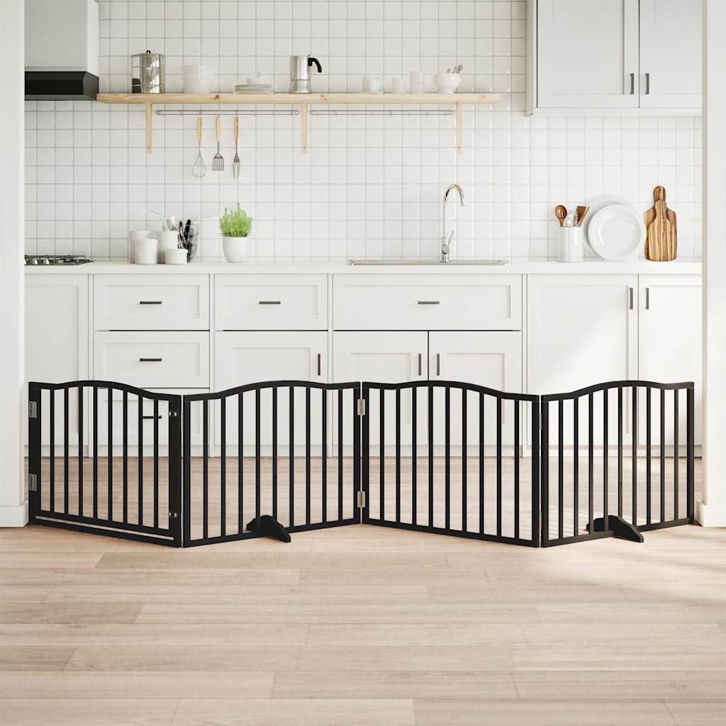 vidaXL Bramka dla psa z drzwiami składana 4 panele, czarna, 320 cm, drewno topolowe