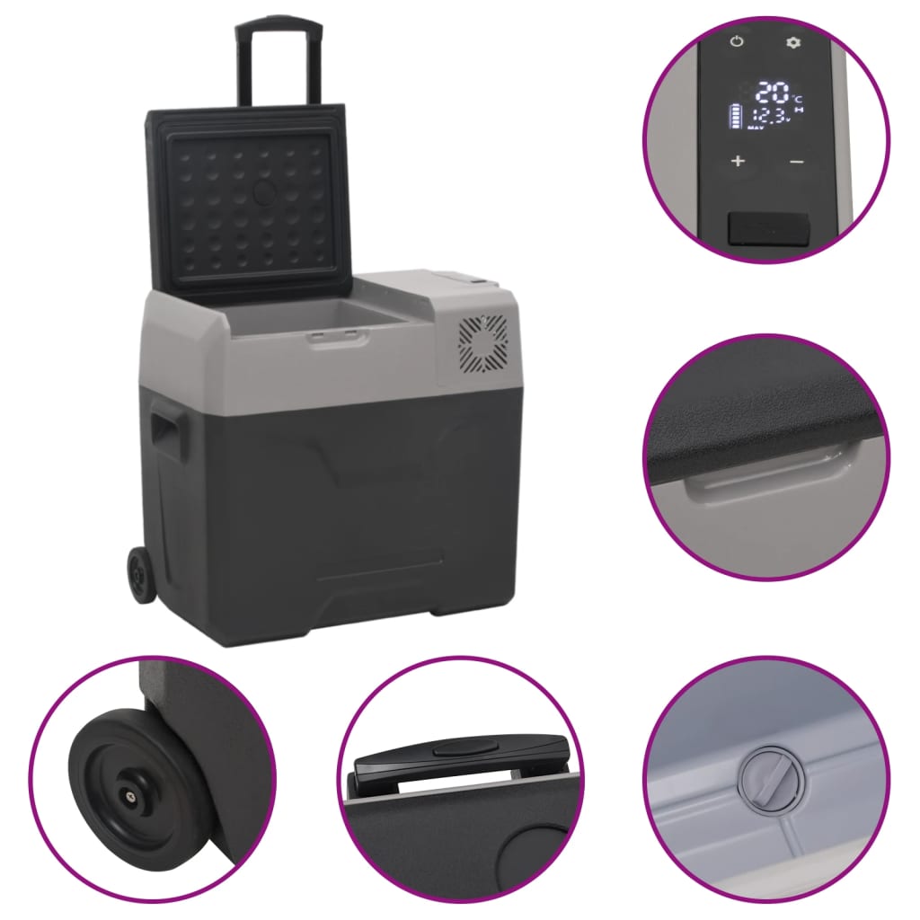 vidaXL Lodówka na kółkach, z zasilaczem, czarno-szara, 50 L, PP