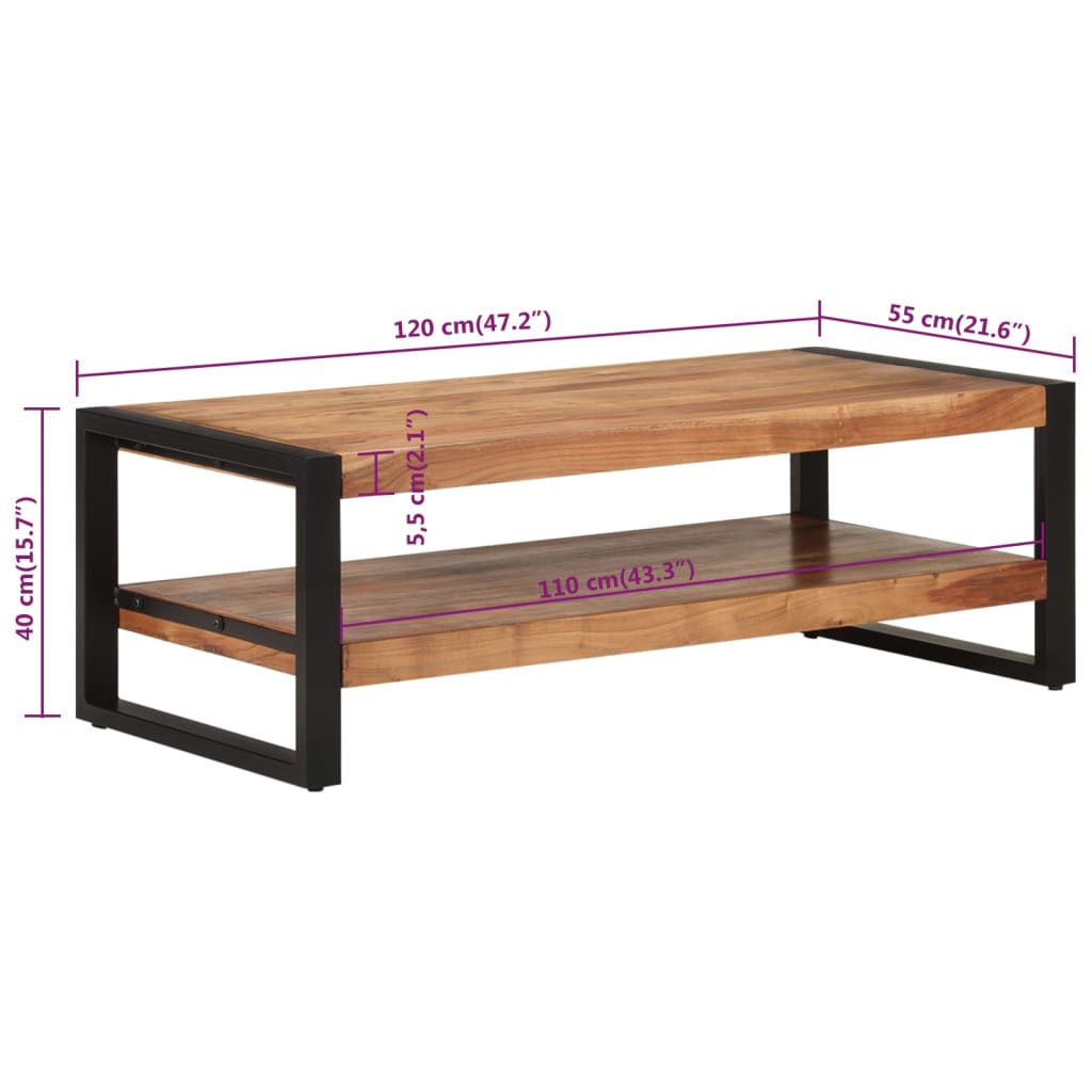 vidaXL Stolik kawowy, 120x55x40 cm, lite drewno akacjowe
