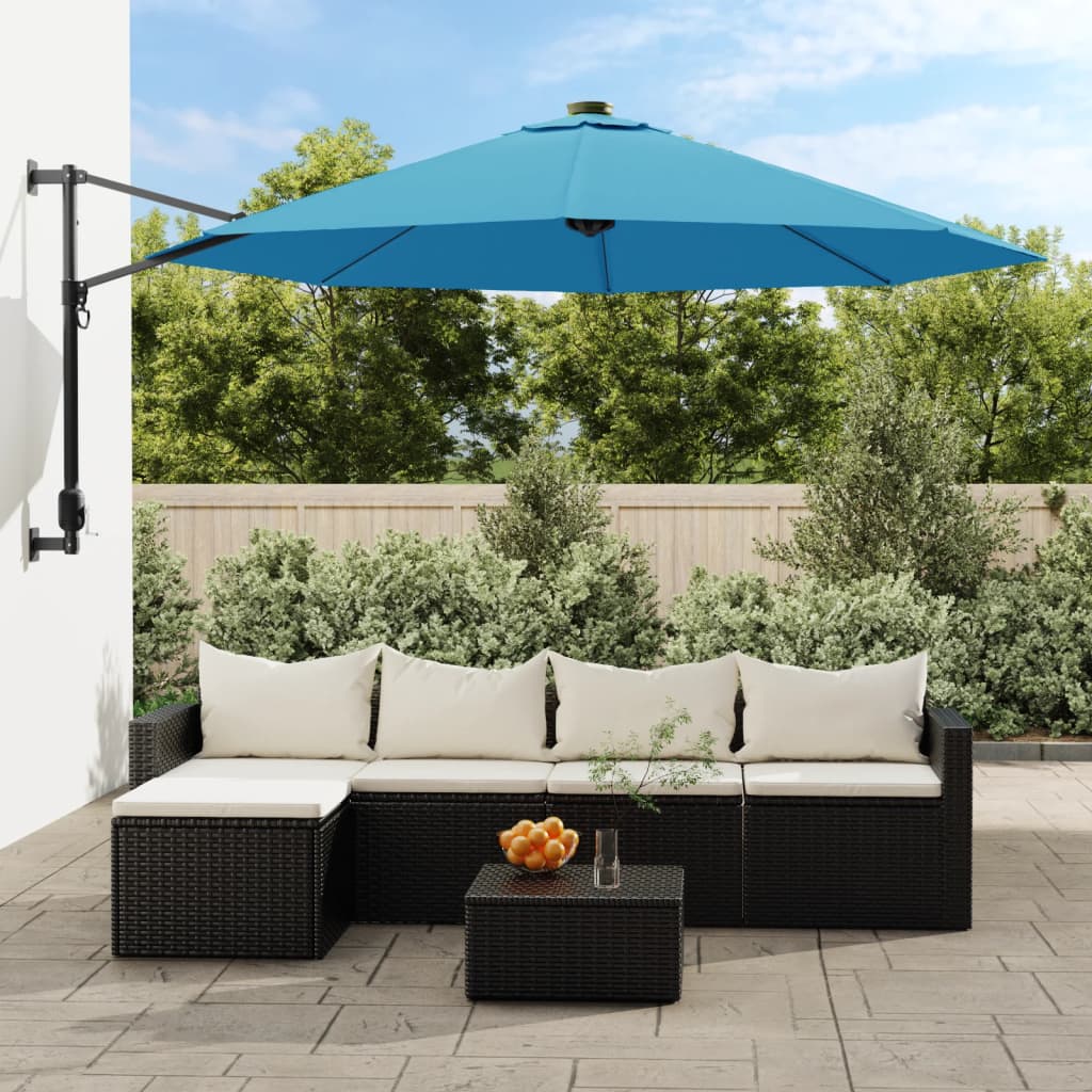 vidaXL Ścienny parasol ogrodowy z LED, niebieski, 290 cm