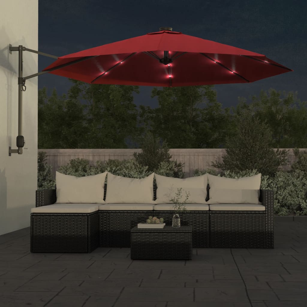 vidaXL Ścienny parasol ogrodowy z LED, czerwony, 290 cm