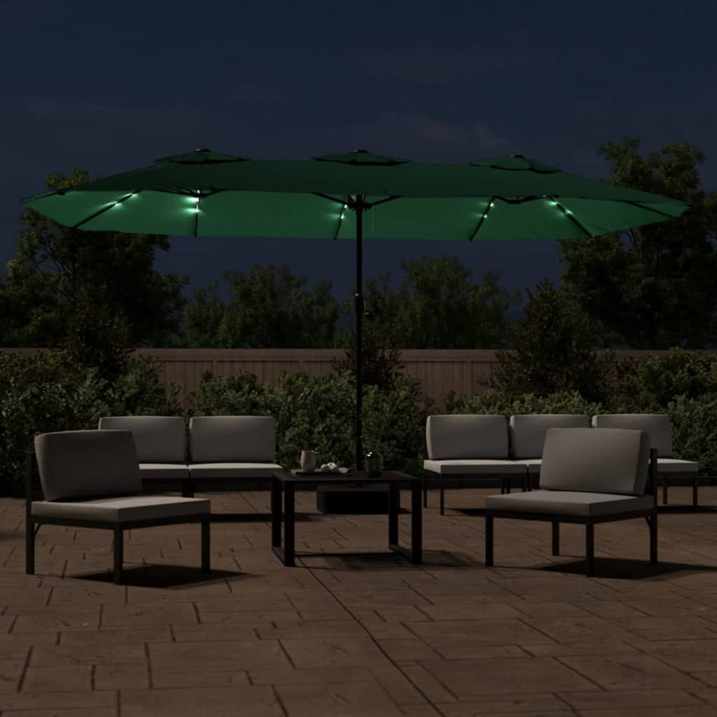 vidaXL Podwójny parasol ogrodowy z LED, zielony, 449x265 cm