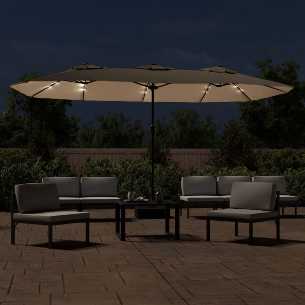 vidaXL Podwójny parasol ogrodowy z LED, kolor taupe, 449x265 cm
