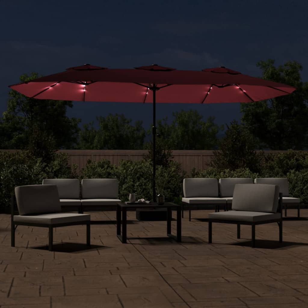 vidaXL Podwójny parasol ogrodowy z LED, bordowy, 449x265 cm