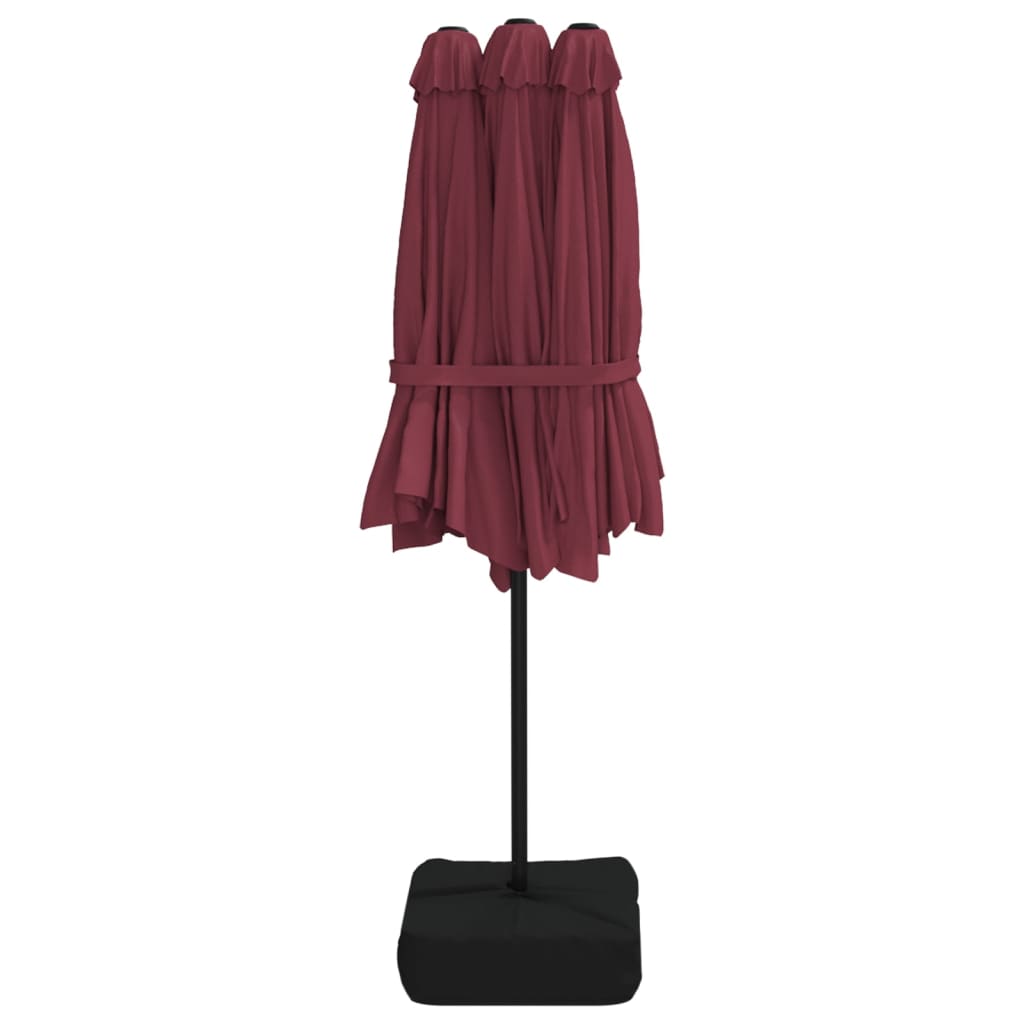 vidaXL Podwójny parasol ogrodowy z LED, bordowy, 449x265 cm