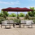 vidaXL Podwójny parasol ogrodowy z LED, bordowy, 449x265 cm