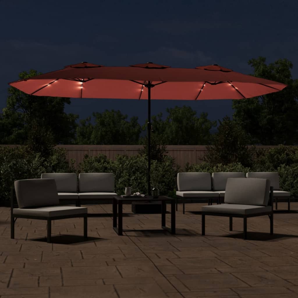 vidaXL Podwójny parasol ogrodowy z LED, terakotowy, 449x265 cm