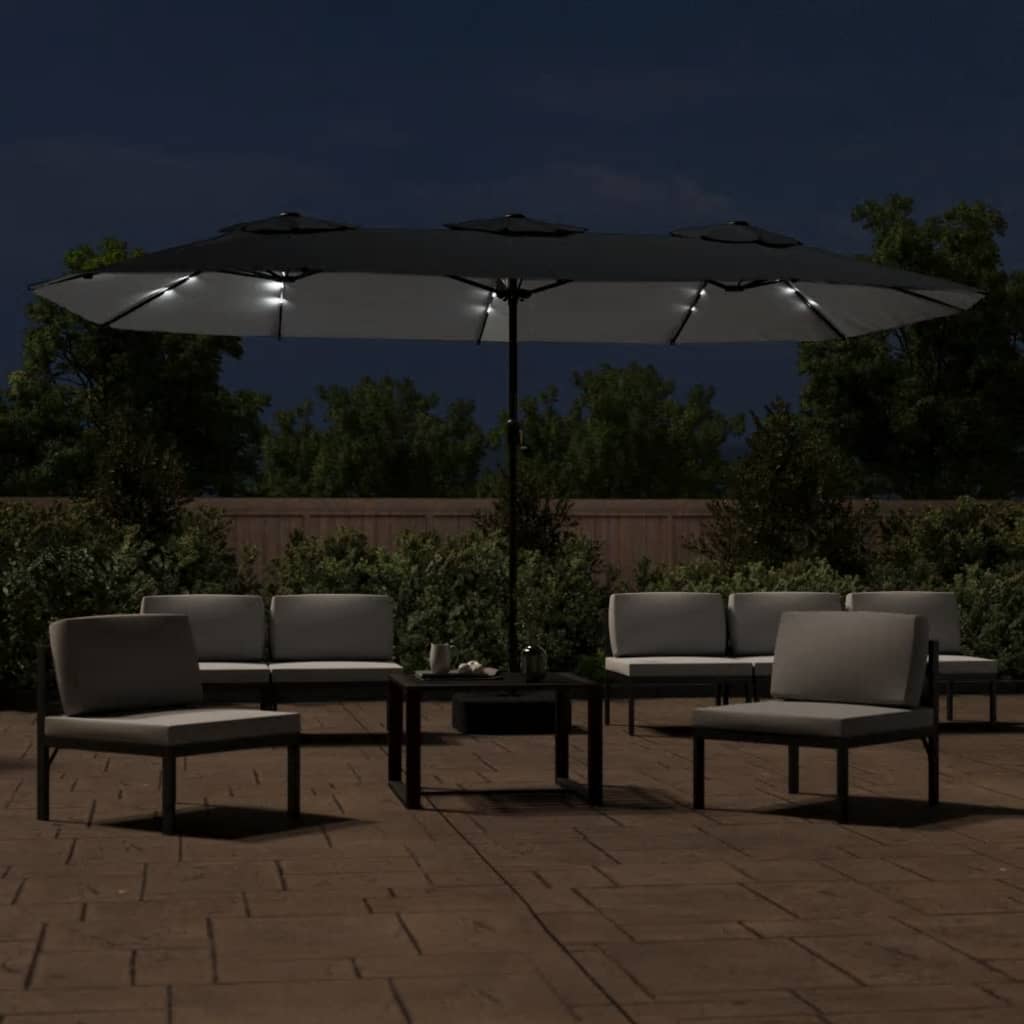 vidaXL Podwójny parasol ogrodowy z LED, czarny, 449x265 cm