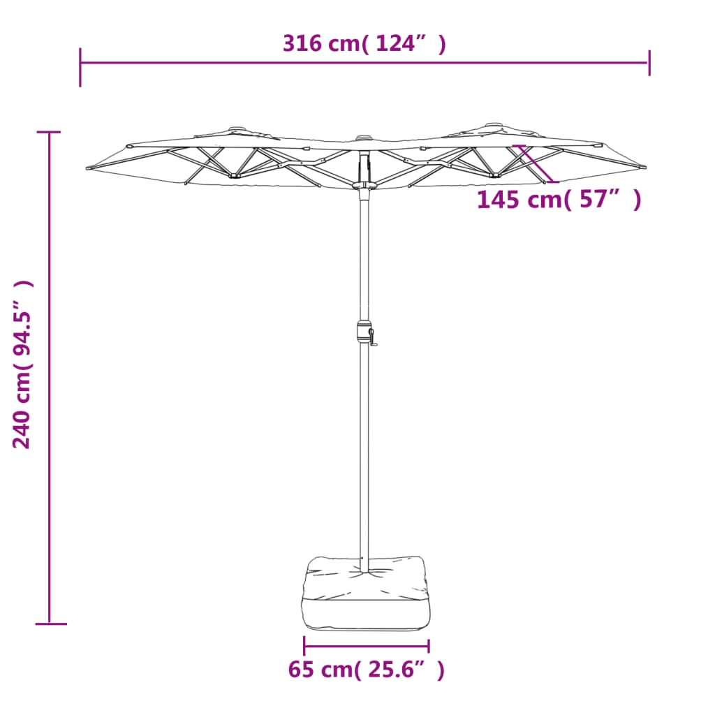 vidaXL Podwójny parasol ogrodowy, bordowy, 316x145 cm