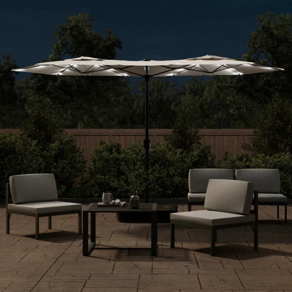 vidaXL Podwójny parasol ogrodowy z LED, piaskowy, 316x145 cm