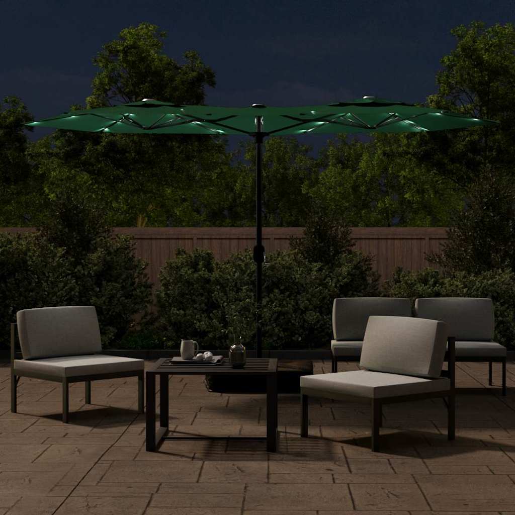vidaXL Podwójny parasol ogrodowy z LED, zielony, 316x145 cm