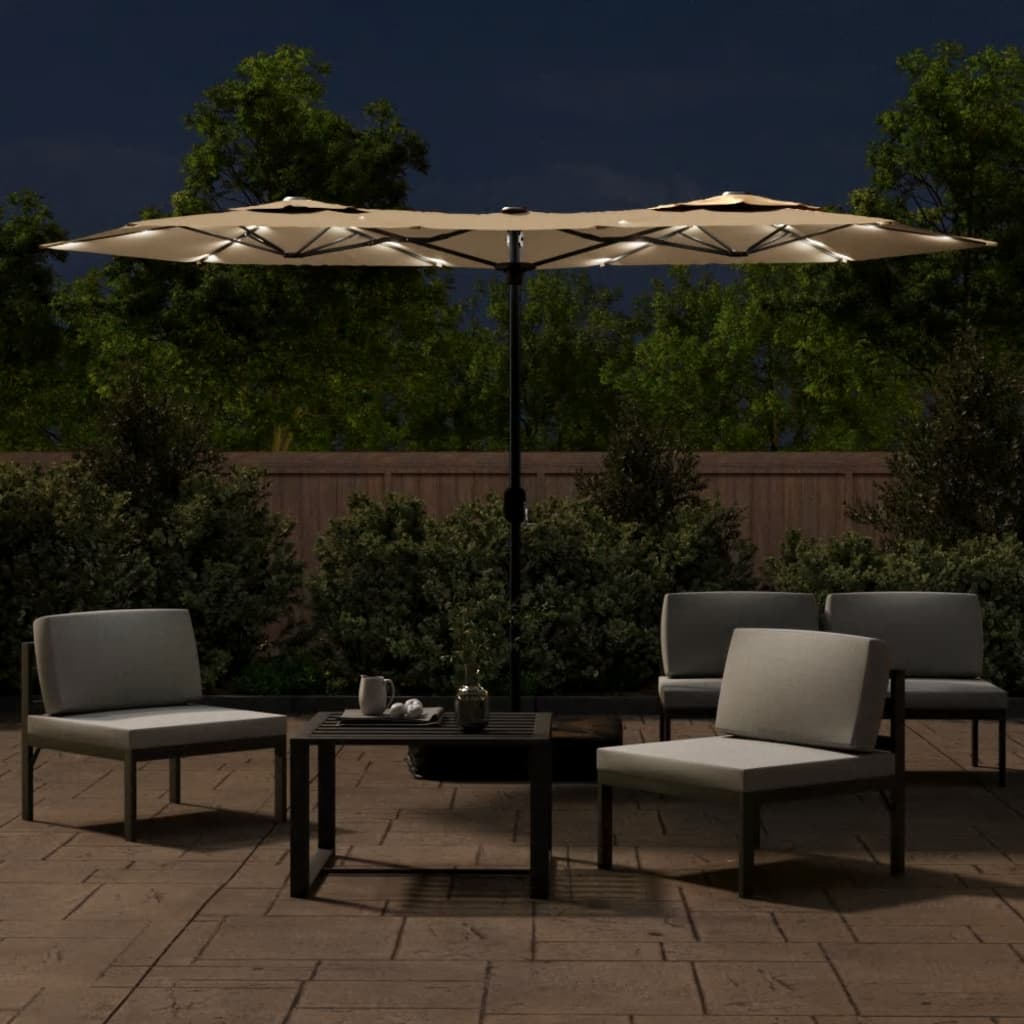 vidaXL Podwójny parasol ogrodowy z LED, taupe, 316x145 cm