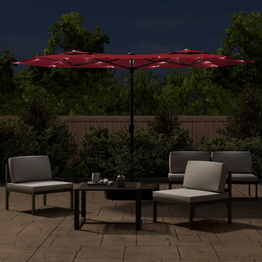 vidaXL Podwójny parasol ogrodowy z LED, bordowy, 316x145 cm