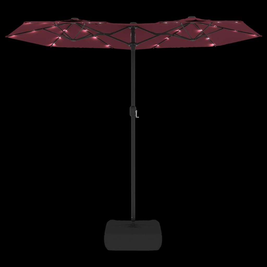 vidaXL Podwójny parasol ogrodowy z LED, bordowy, 316x145 cm