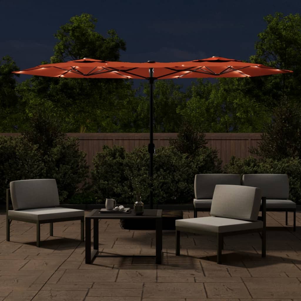 vidaXL Podwójny parasol ogrodowy z LED, terakota, 316x145 cm