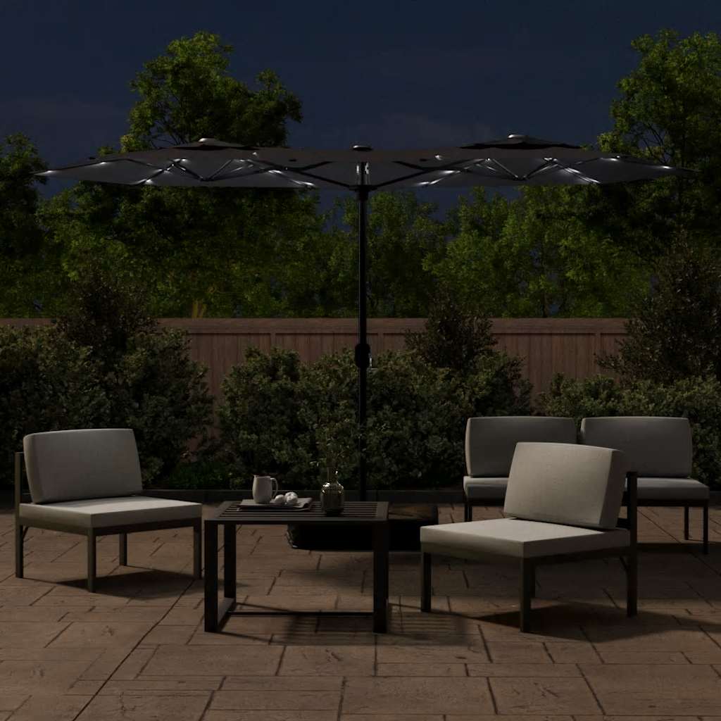 vidaXL Podwójny parasol ogrodowy z LED, czarny, 316x145 cm