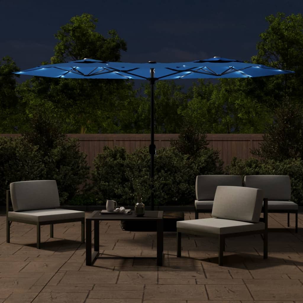 vidaXL Podwójny parasol ogrodowy z LED, niebieski, 316x145 cm