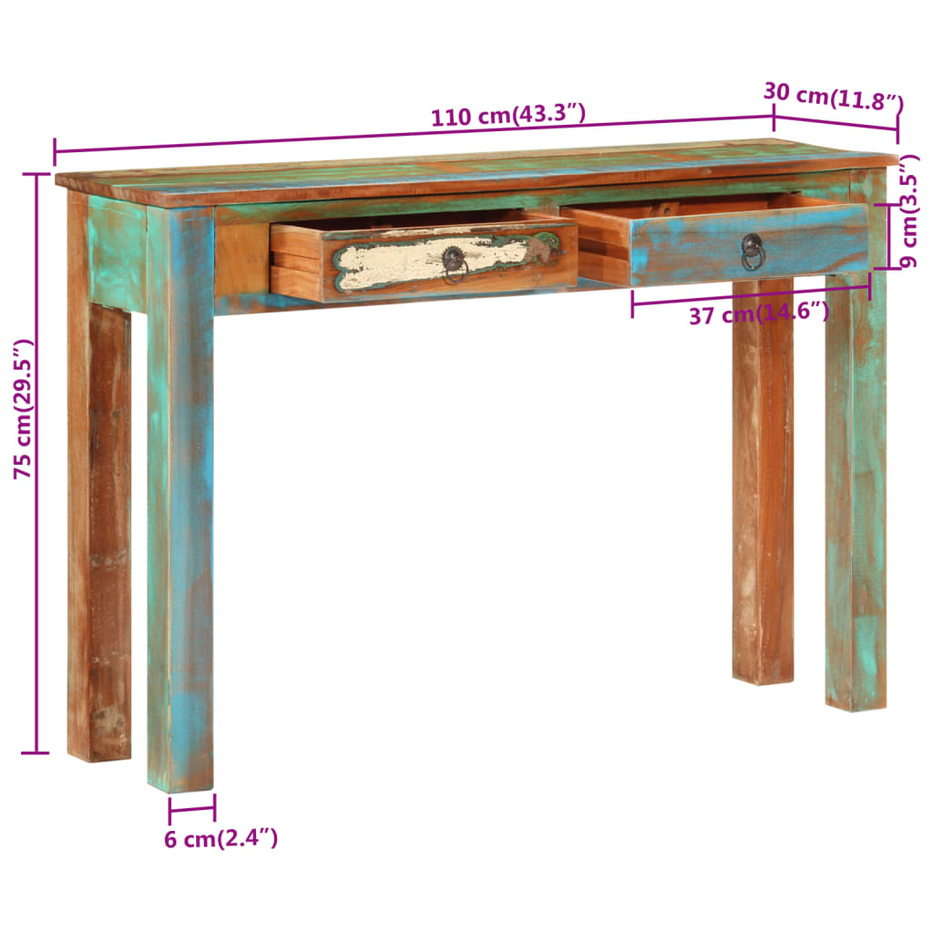 vidaXL Stolik konsolowy, 110x30x75 cm, lite drewno z odzysku