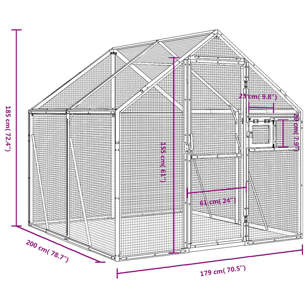 vidaXL Woliera, srebrna, 1,79x2x1,85 m, aluminium