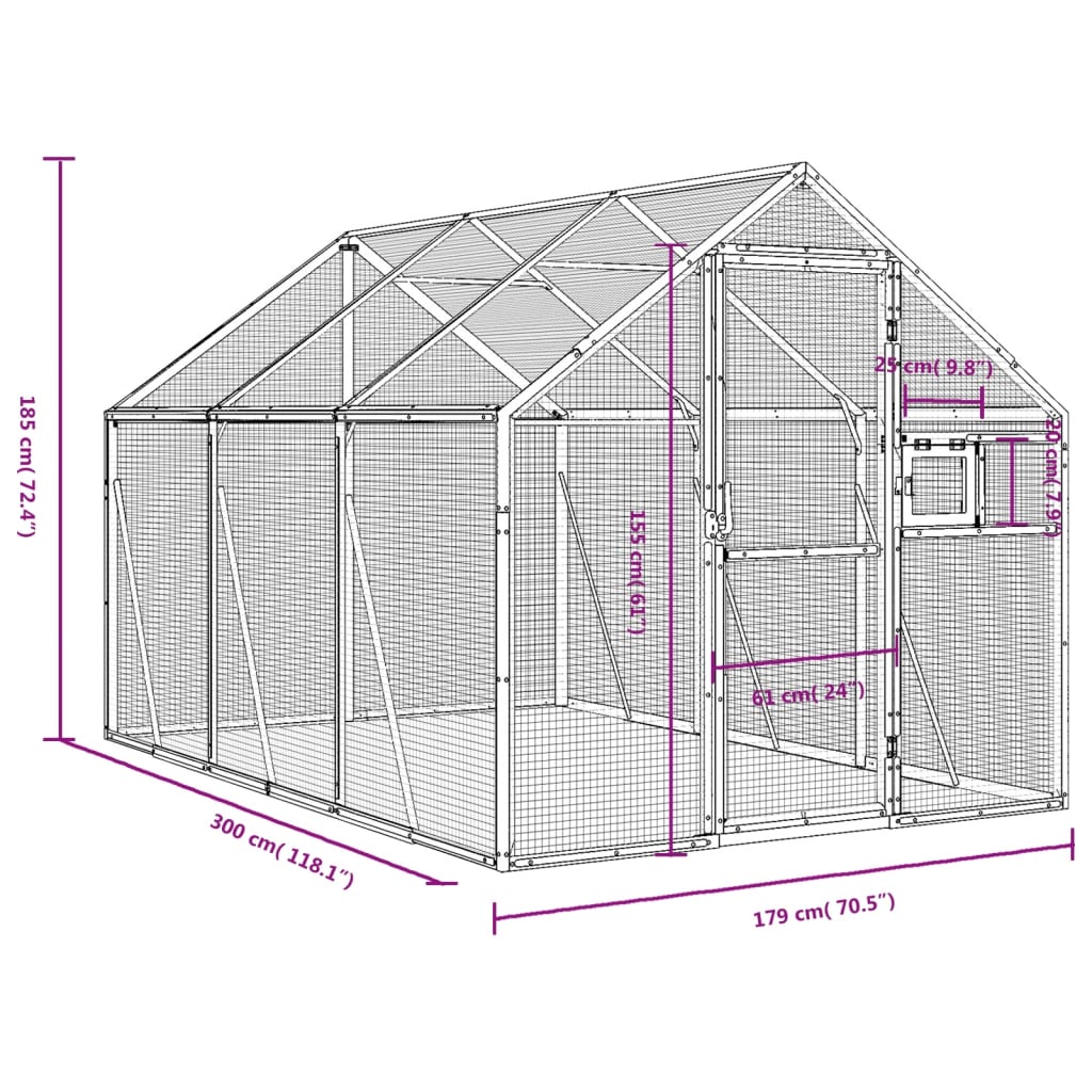 vidaXL Woliera, srebrna, 1,79x3x1,85 m, aluminium