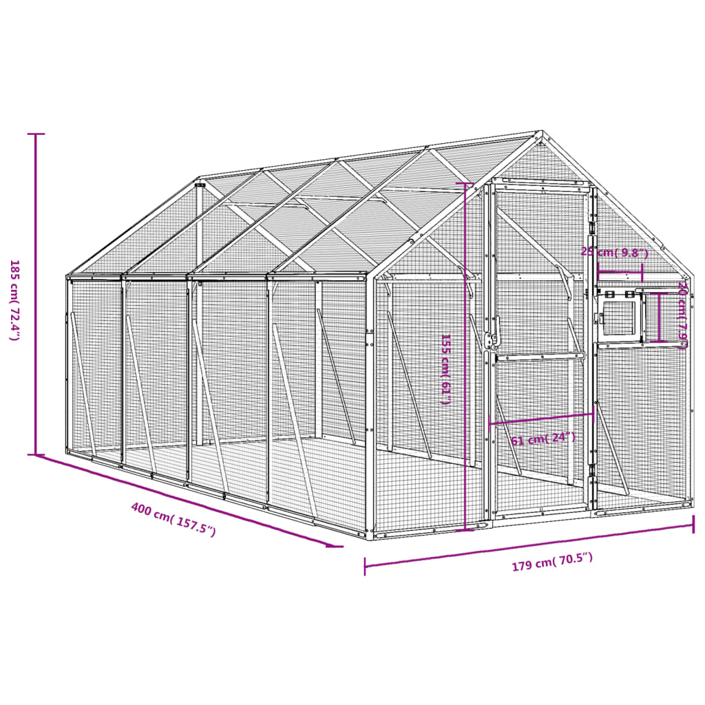 vidaXL Woliera, srebrna, 1,79x4x1,85 m, aluminium