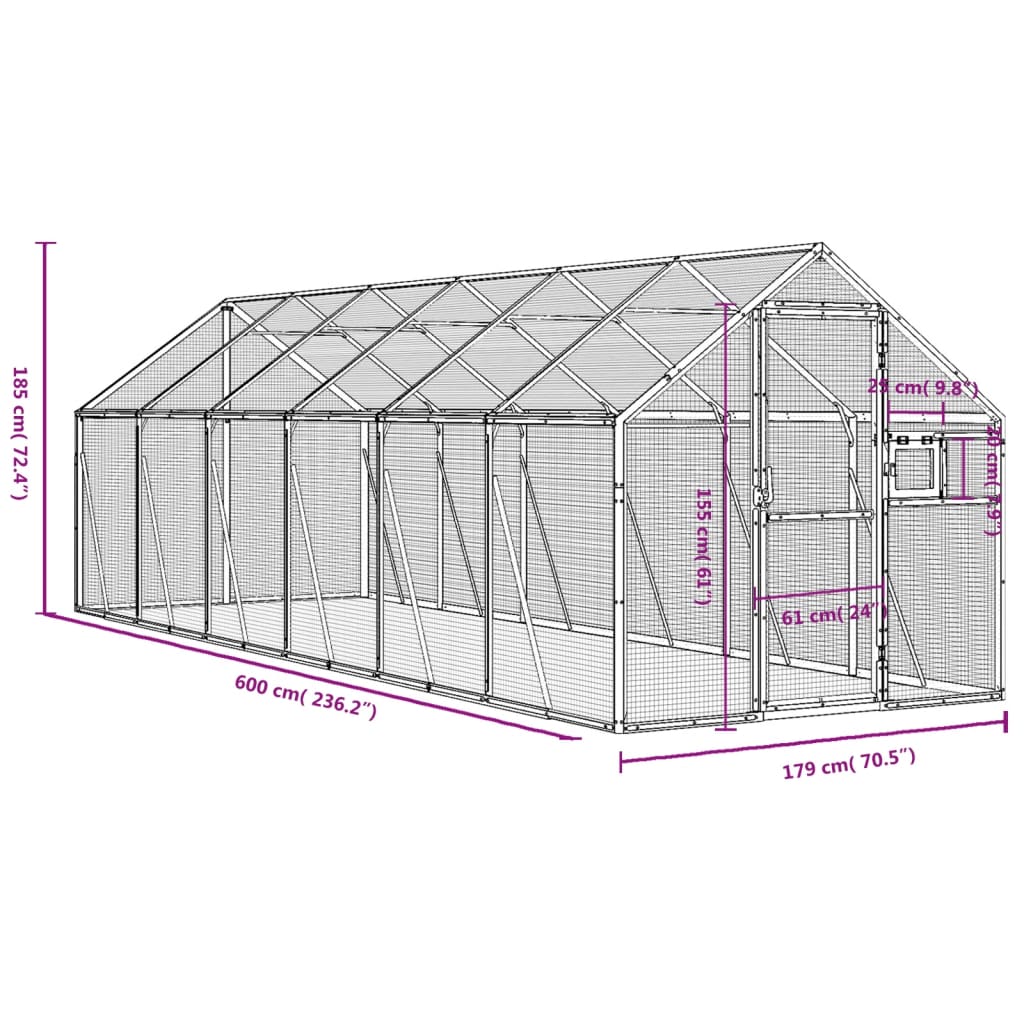 vidaXL Woliera, srebrna, 1,79x6x1,85 m, aluminium