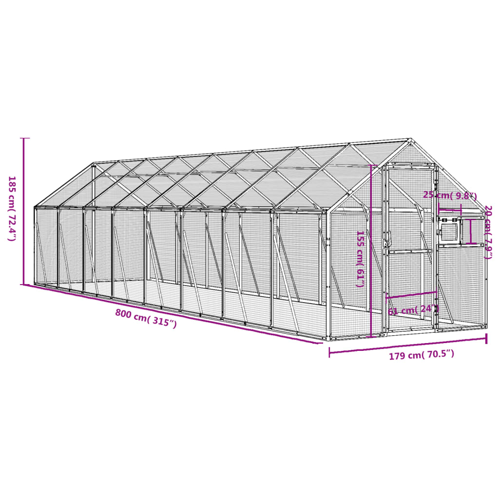 vidaXL Woliera, srebrna, 1,79x8x1,85 m, aluminium
